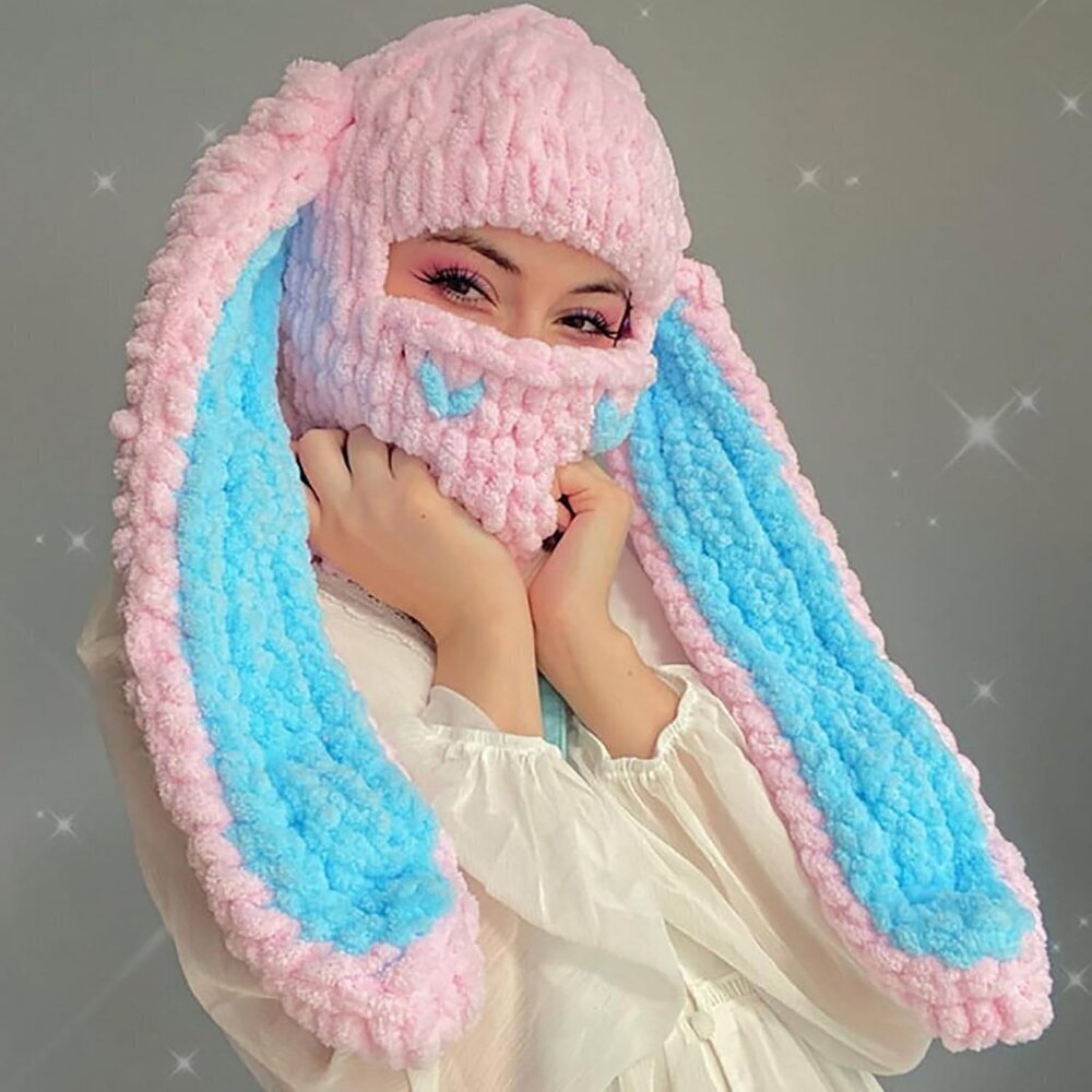Women's Pink Bunny Hat Knit Plush Long Ears Fluffy Cosplay Party Hat